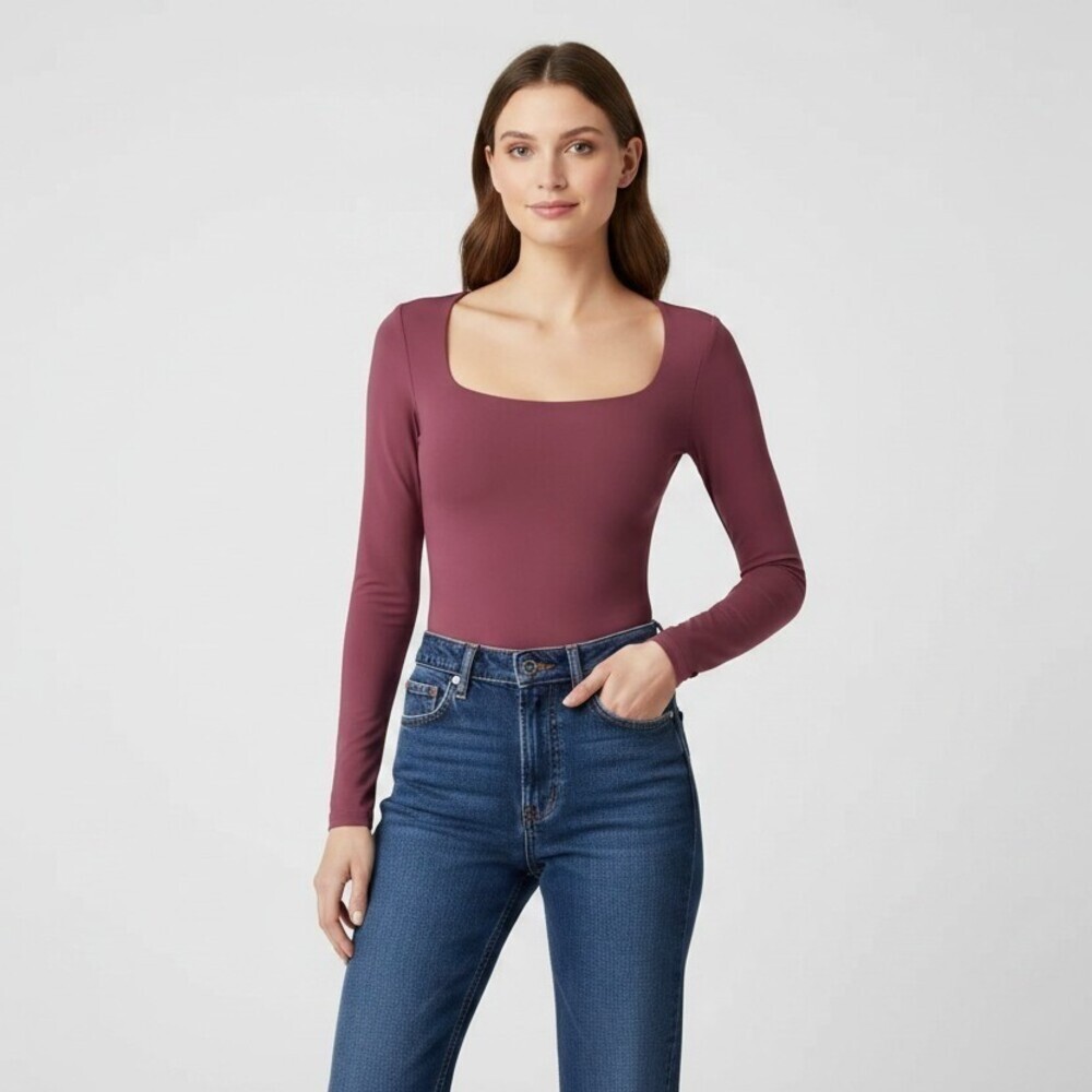 Qinsen Long Sleeve Square Neck Thong Bodysuit Mauve Wine XS/S